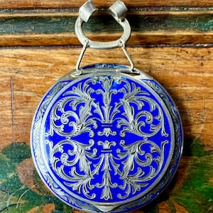 Art Deco Blue Guilloche Enamel Compact – 1920s Powder Vanity Mirror with Ring