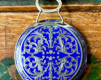Antique Cobalt Blue Guilloché Enamel Dance Compact – ca. 1900 Chatelaine Powder Case