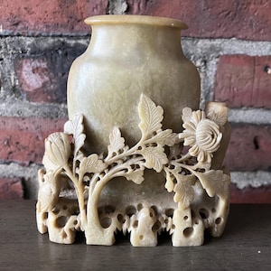 Antique Chinese Soapstone Vase: Hand-Carved Flower & Bird Decor