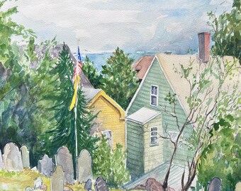 Original Watercolor Painting Marblehead Massachusetts, Old Burial Hill 14x17