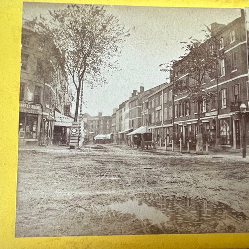 Rare 1860s Davis Bros. Set of 4 Stereoscope Stereoview Cards Portsmouth NH Scenes: 1867 Snow Storm Congress shops Market Pleasant St. Mill Bridge