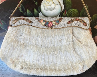 1920s Beaded Evening Purse with Painted Floral Panel, Gold-Tone Chain