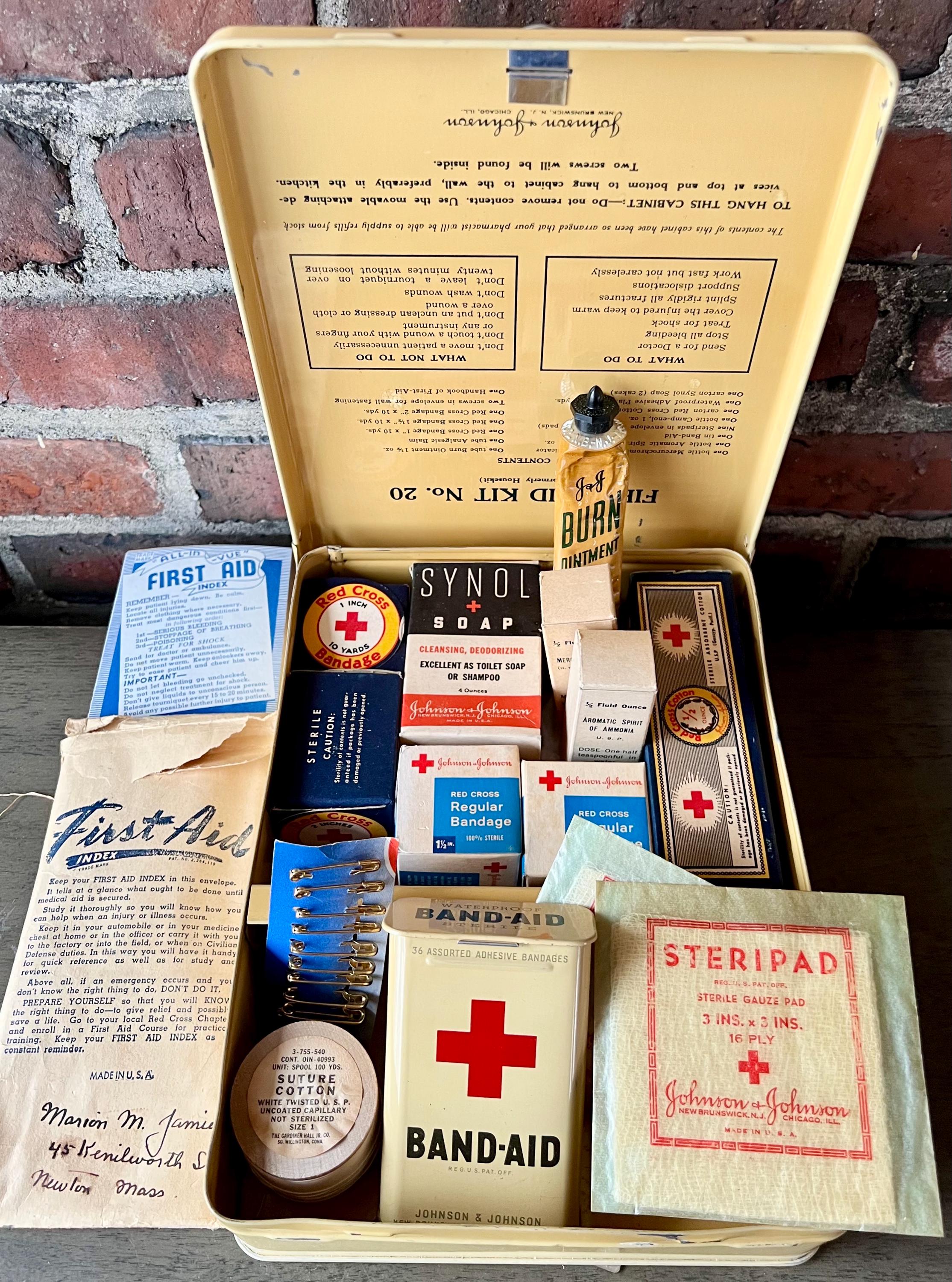 1942 Johnson & Johnson First Aid Kit With Bandages WWII Red