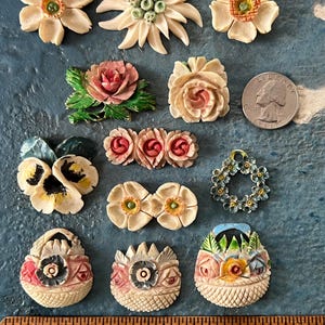 Vintage Carved Celluloid Plaques: Hand-Painted Floral Embellishments - Jewelry Making Supply