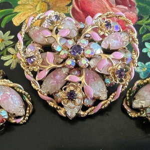 Signed Weiss Brooch & Earrings Set: Pink Givre Glass, AB Rhinestones