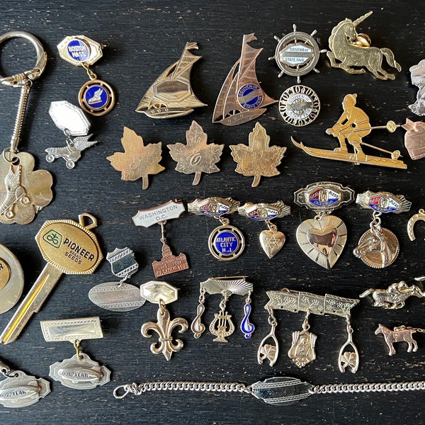 Vintage Charm Pin Pendant Salesman Sample Lot Jewelry Findings Stamped Figural Die Promo Pioneer Goodyear Skates Wings America More 50+
