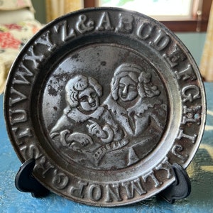 Antique 19th Century Embossed Child’s Tin Plate ABC Alphabet Rim Border Victorian Children Reading Book Dish Collector Decor Nursery 5.5”