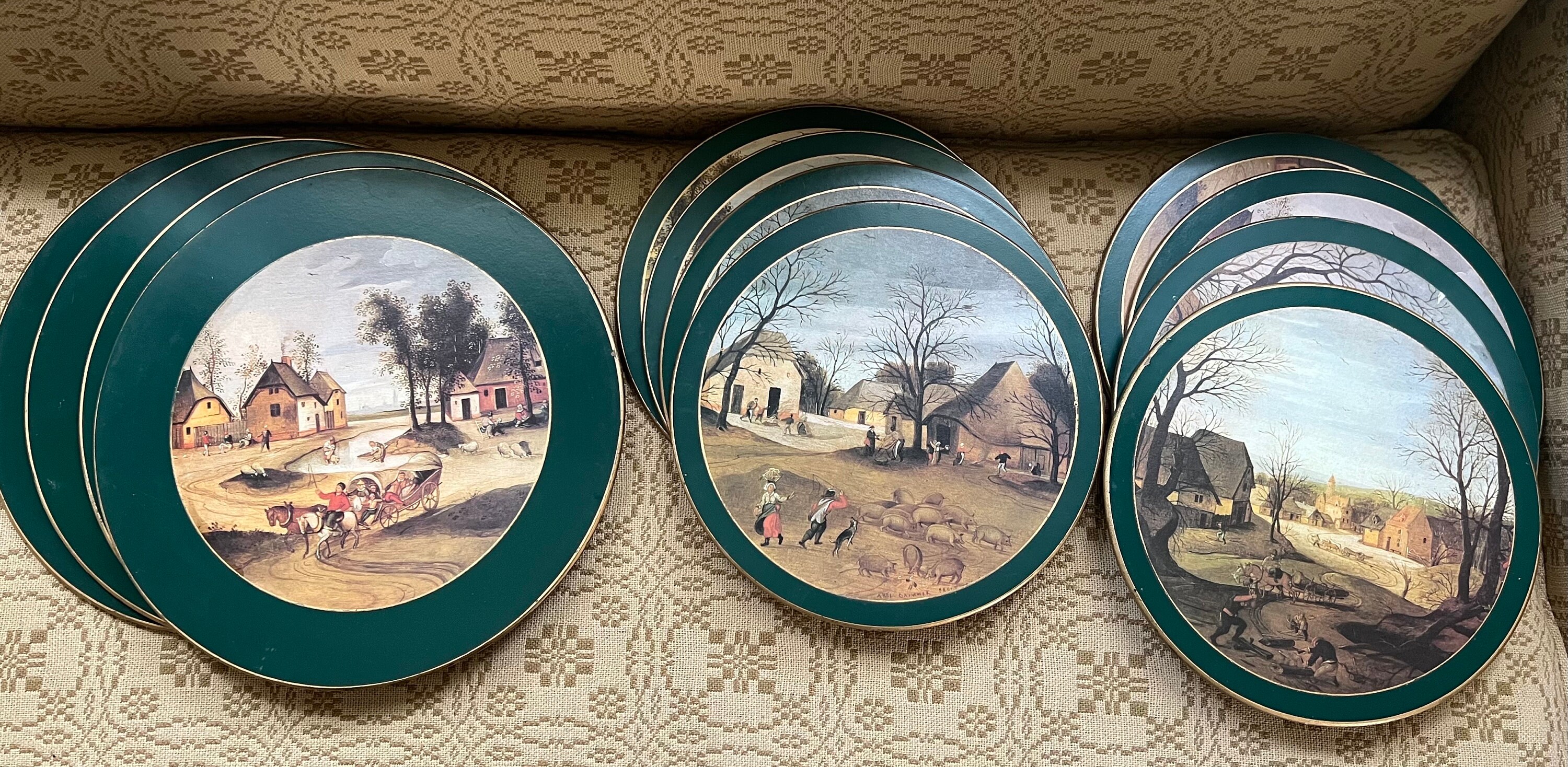 12 Early Lady Clare Round Tablemats Country Scenes by Abel Grimmer Gold