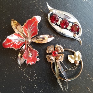 Vintage Red Brooch Lot: Sterling Silver, Gold Filled, Enamel Flower Pins