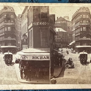 1890s Stereoview Card Boston Dock Square Washington St. Shops Traffic