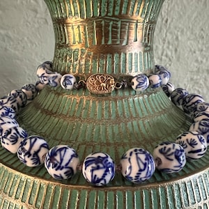 Necklace 24” Chinese Porcelain Beads Blue and White Shou Beads Hand Knotted Silver Clasp Asian Inspired Jewelry Vintage