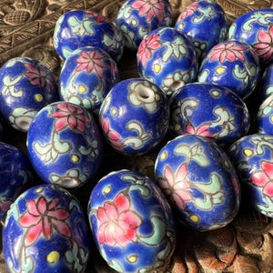 Vintage Chinese Cloisonné Beads: Enamel Painted Floral Beads, Lot of 20