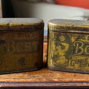 TOBACCO Tins Lot of 2 J.G. Dill&#39;s Vertical Half Pocket Best Cube Cut Plug Upright Short 2.5/8” Can Tin Lithograph Advertising Tobacciana
