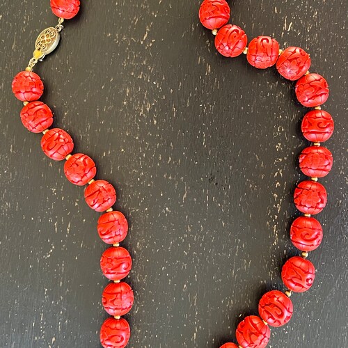 Vintage Carved Chinese Cinnabar Bead Necklace 26” Brass shops Spacers Silver Vermeil Clasp