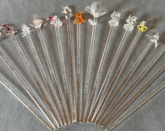 Vintage Hand Blown Glass Swizzle Sticks: Holiday, Unicorn, Bird