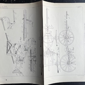 May include: A vintage patent illustration of a mechanical device, likely a vehicle or agricultural implement, with detailed diagrams and labeled components. The drawing is in black and white, showcasing various views and cross-sections.