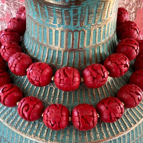 Vintage Carved Chinese Cinnabar Bead Necklace 26” Brass shops Spacers Silver Vermeil Clasp