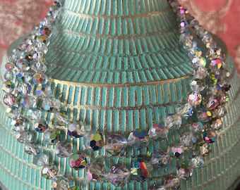 Vintage Smokey AB Crystal Necklace: 1950s 3-Strand Choker, Bride Wedding