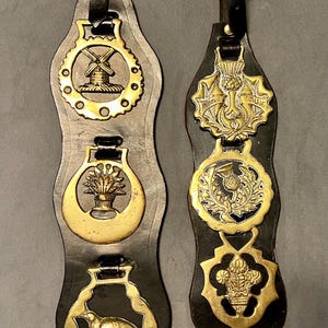 Vintage Horse Brass Medallions: Bonnie Scotland Thistle, Wheat & Pheasant - Leather Straps