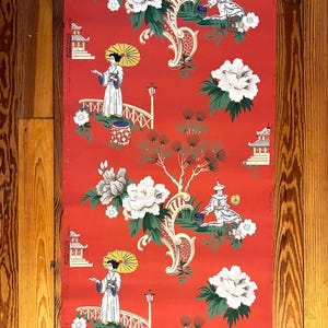 Antique Wallpaper 1930s Chinoiserie – Ornamental Garden Pagoda Print, Red & Gilt - 2 Yds image 3