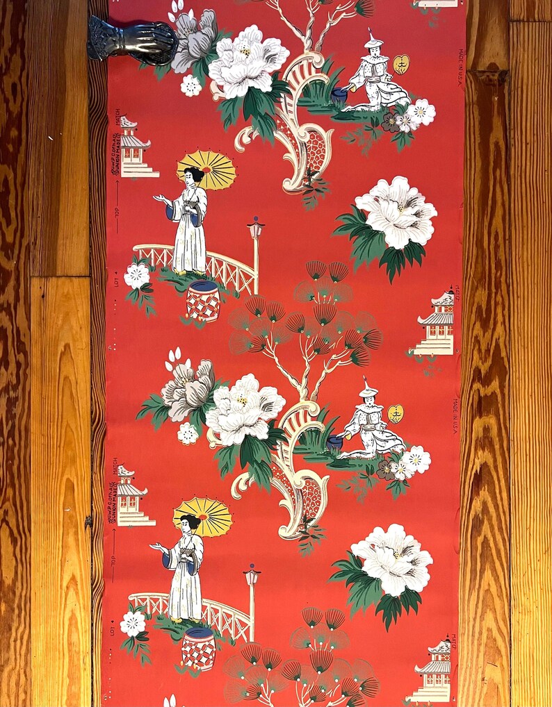 Antique Wallpaper 1930s Chinoiserie – Ornamental Garden Pagoda Print, Red & Gilt - 2 Yds image 3