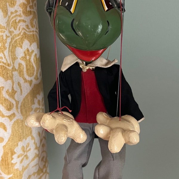 Vintage 1960s Pelham Puppets Disney Marionette JIMINY CRICKET 10” String Puppet Made in England Hand Painted Puppetry Scarce Character