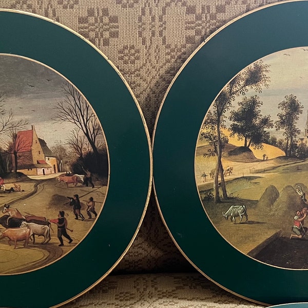 12 Early Lady Clare Round Tablemats Country Scenes by Abel Grimmer Gold Rim  9” & 11” Vintage Placemats Home Decor Trivets Made in England