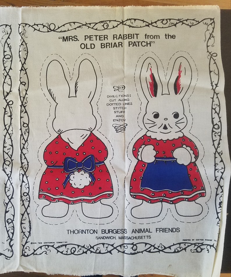 1974 Thornton Burgess Peter Rabbit Cut and Stuff Fabric Sandwich ...