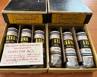 1930s NOS Devoe & Raynolds Co. Eterna Oil Paint for Artists Ultramarine Blue 6 Studio Size Tubes in Original Boxes Rare Art Deco Paint Brand