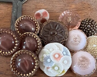 Buttons Antique Glass Button Lot of 12 Art Deco Czech Pink Gold Vintage Button Sewing Notions Victorian Fashion Sewing Craft Uranium Glow