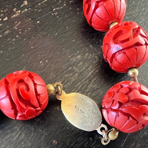 Vintage Carved Chinese Cinnabar Bead Necklace 26” Brass shops Spacers Silver Vermeil Clasp