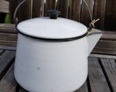 Large, heavy, chippy, enameled metal teakettle. What a great farmhouse salvage this was Black trimmed white enamel kettle from 1930s-40s.
