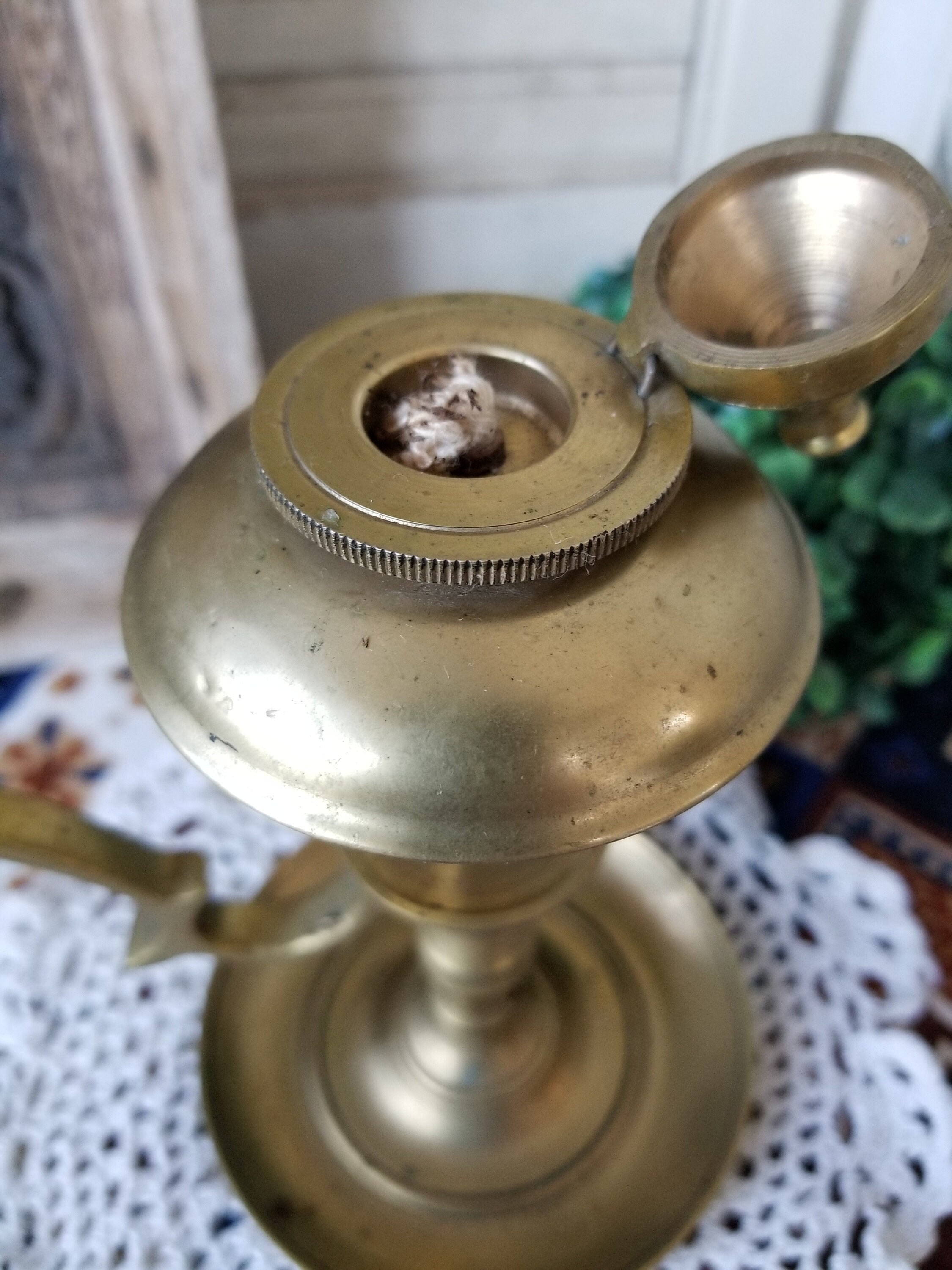 Intriguing Bedouin Style Brass Hand Held Oil Lamp. This