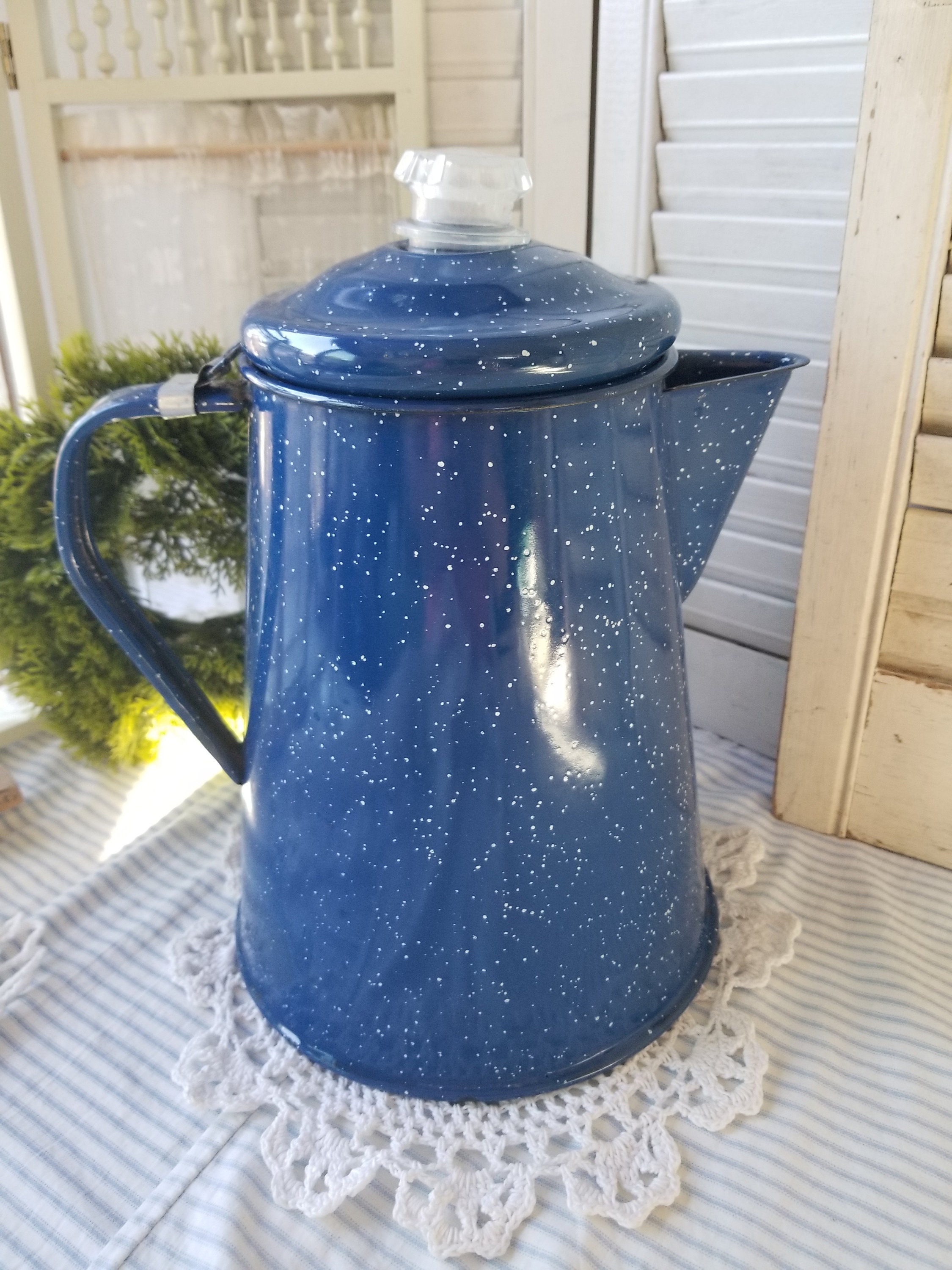 Vintage Small 9 Enamel Granite Ware Campfire Coffee Pot Boiler Blue  Speckled