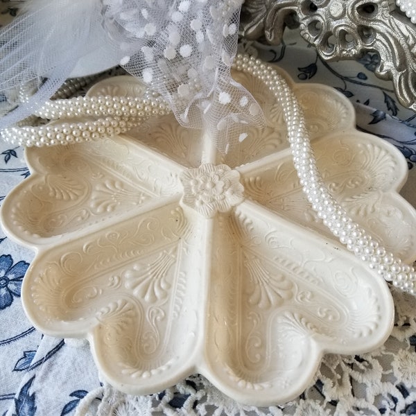 Sweet and beautiful vintage Heart-Shaped Salt Glaze Dish Staffordshire Replica of Metropolitan Museum of Art platter. Farmhouse Delight!