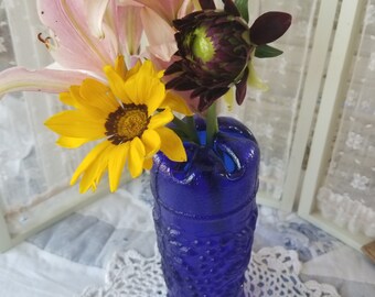 Beautiful vintage cobalt blue glass reproduction Victorian hat pin holder. This Mosser blue glass vessel make a fine floral vase as well.