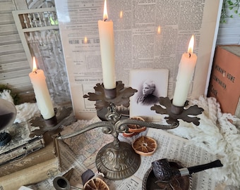 Four Rustic primitive brass candelabras to choose from. Each vintage brass candelabra would make delightful French Farmhouse mantle decor.