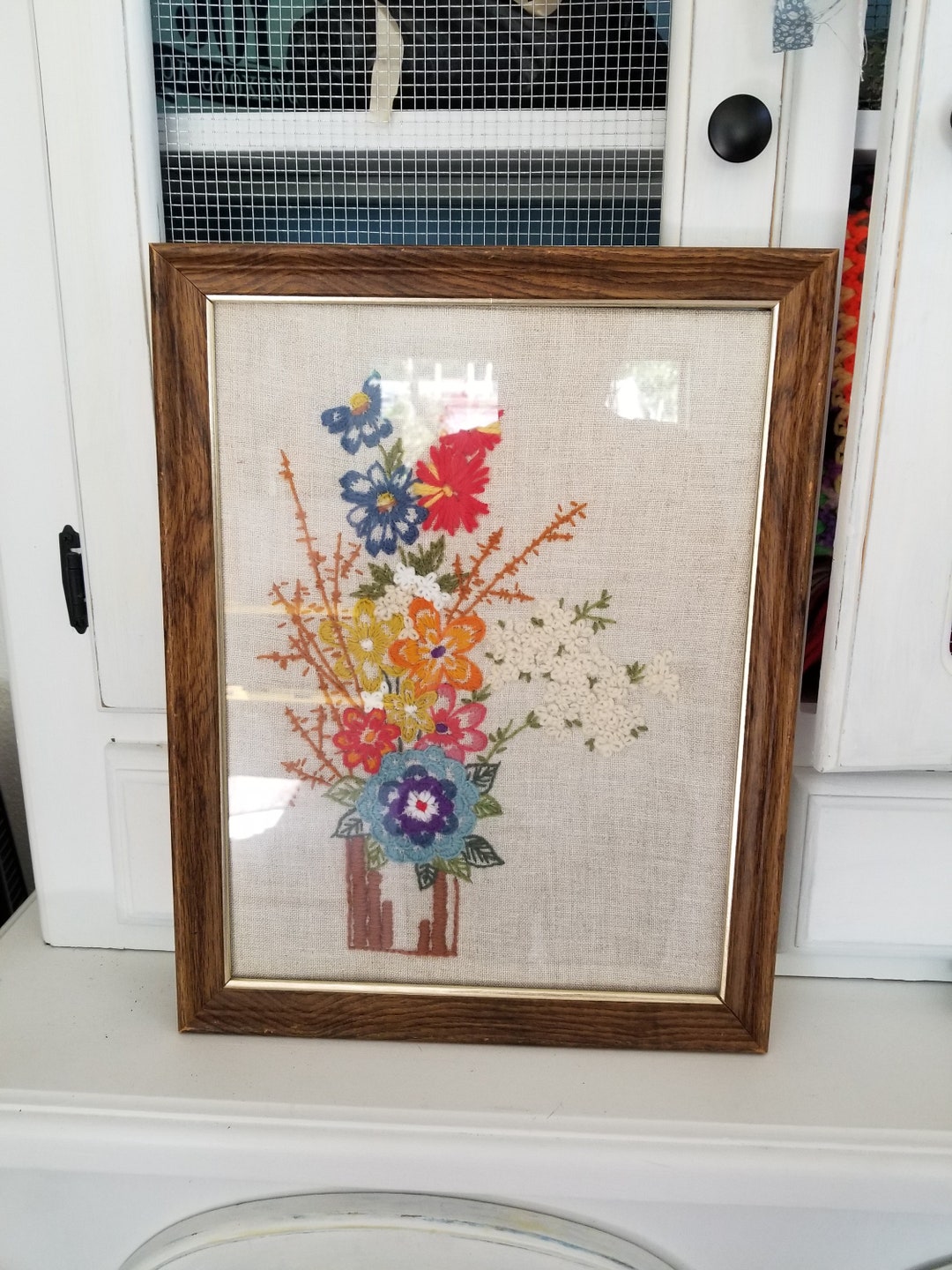 1970s Needlepoint Yarn Crewel Design. This Groovy Crewel Work