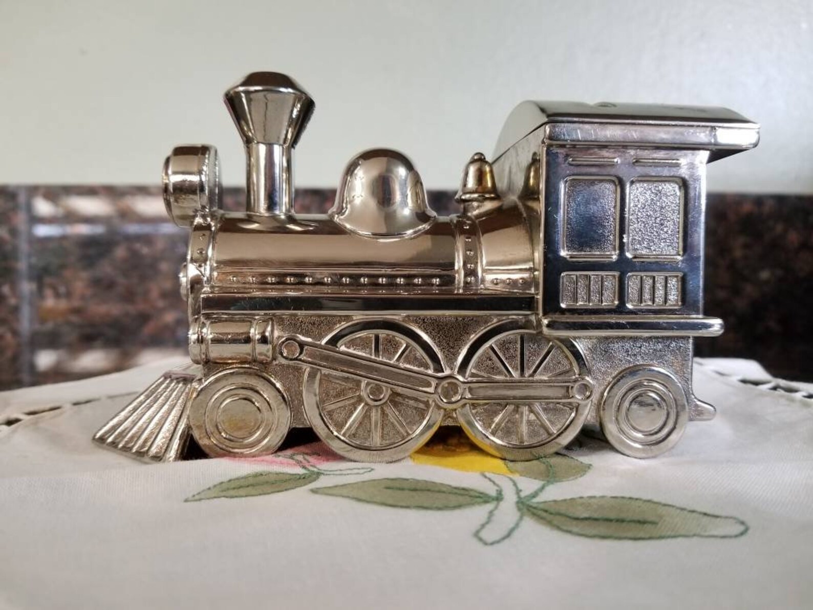 Polished silver train coin Bank. Elegant enough for a Etsy