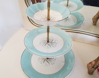 Swanky aqua 3-tiered Homer Laughlin serving tray. This gorgeous rare three-tiered cake plate is perfect for Extraordinary entertaining.
