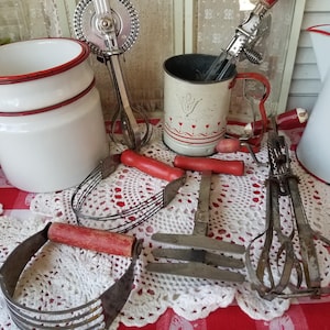 Selection of 7 gorgeous Farmhouse chippy red kitchen gadgets. You choose from 7 vintage red-handled farmhouse  kitchen untensils.