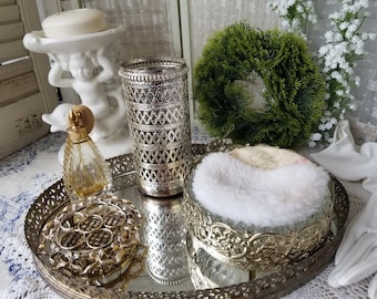 Your choice of three gold gilded mid-century pieces for your Hollywood Regency vanity. Lipstick holder, hairspray holder or powder puff set.