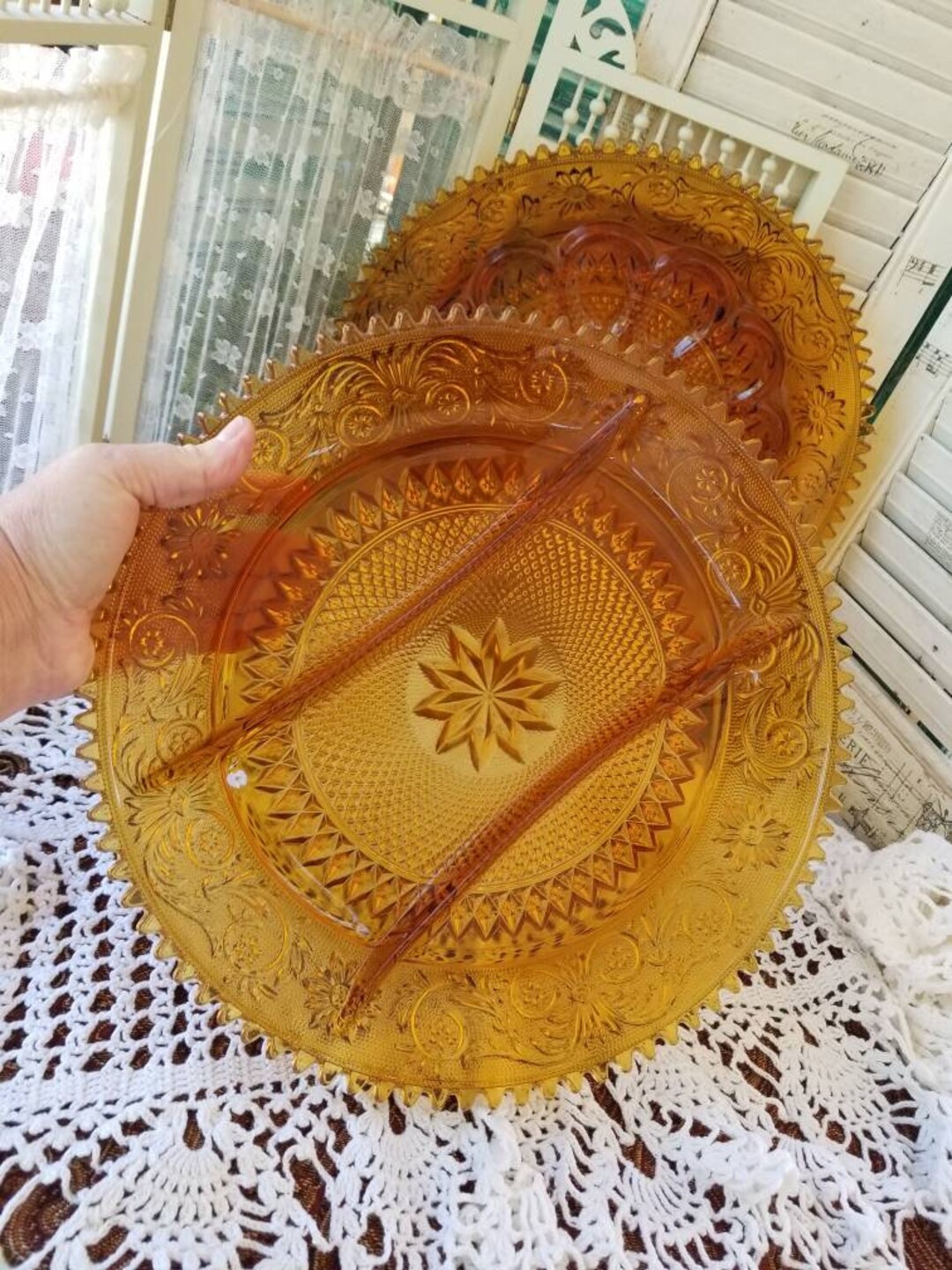 Beautiful Amber Glass Relish Tray Display Plate. This 1970s