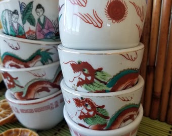 8 piece set of heavy stoneware Japanese teacups. This eclectic set of 8 vintage cups will add an authentic element to your tea drinking.