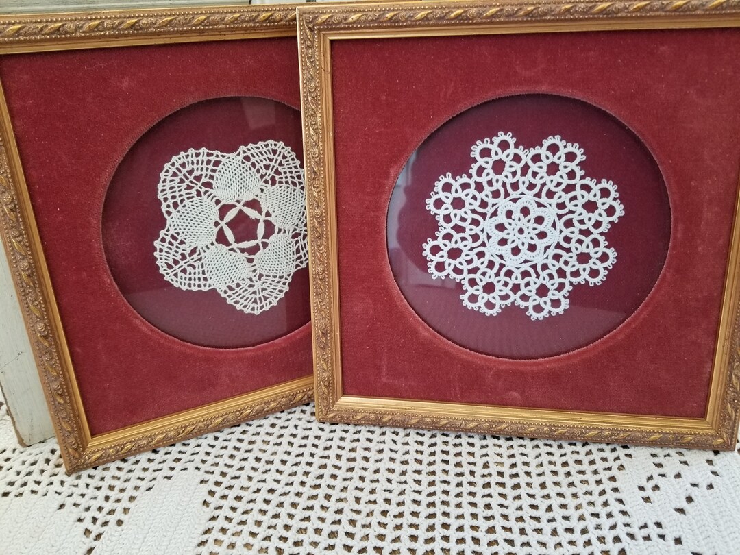Antique Lace Tatting and Bobbin Lace Doilies Framed in Velvet and Gold