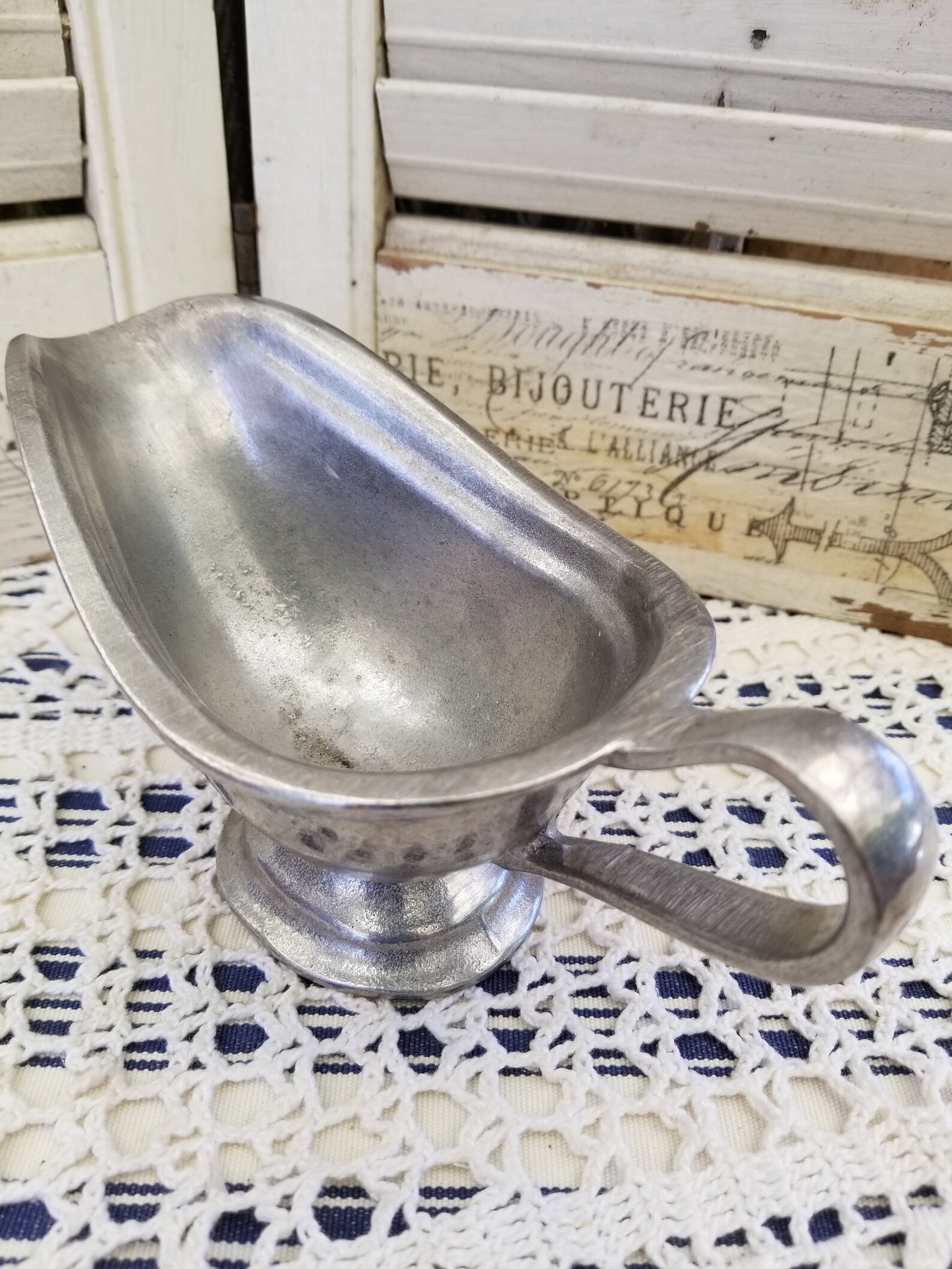 Spectacular primitive pewter gravy boat. This colonial style Etsy