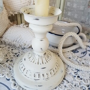 Beautiful French country provincial shabby chic candlestick. This brass farmhouse Candlestick has been whitewashed a chalky white.