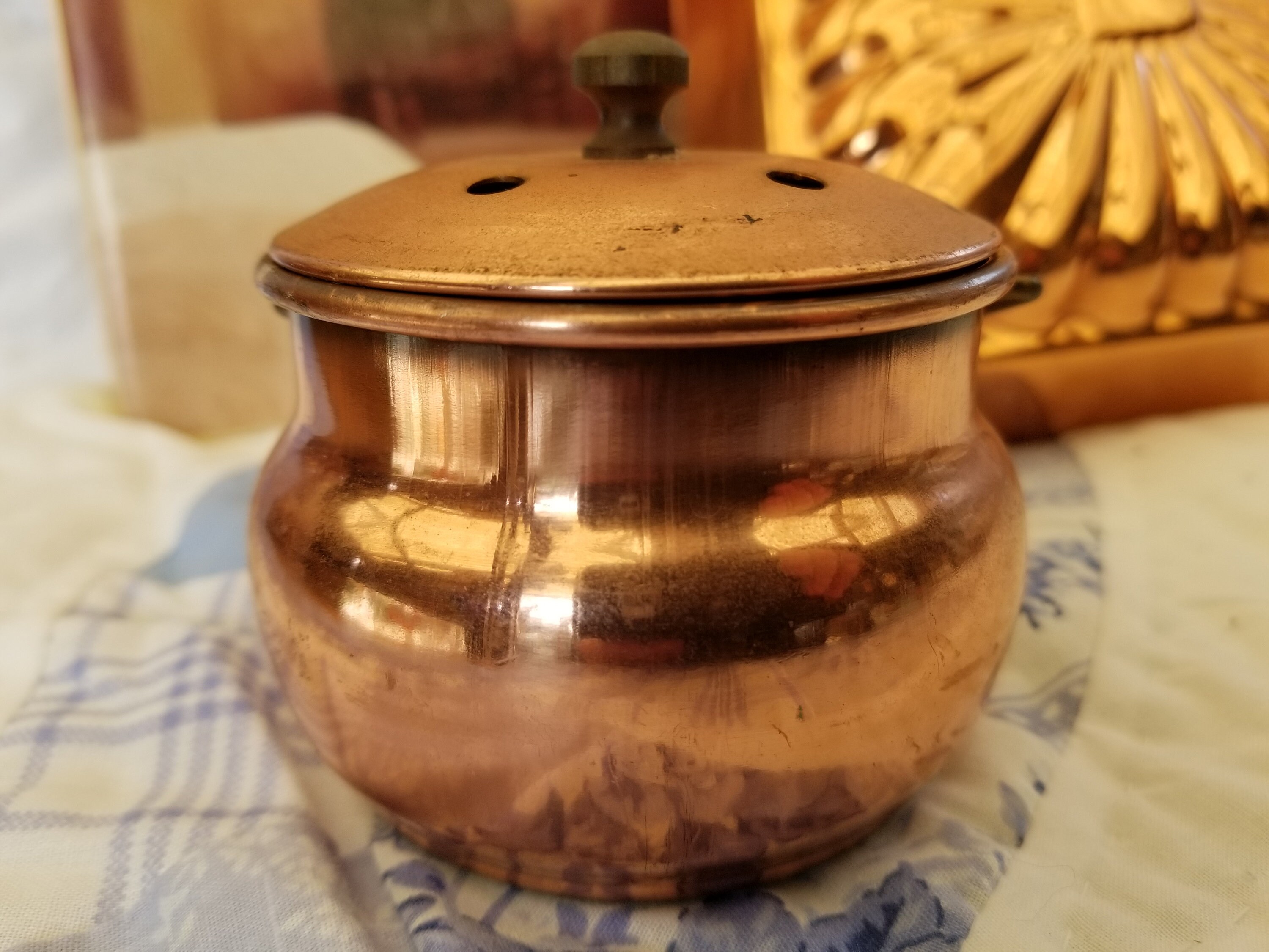 Vintage patinated copper potpourri pot with vented lid. This Etsy