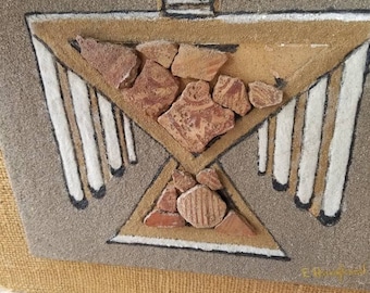 Vintage Hohokam pottery shard and Sand painting. This glorious depiction of the eagle sky father was crafted from Hohokam Sand and pottery.