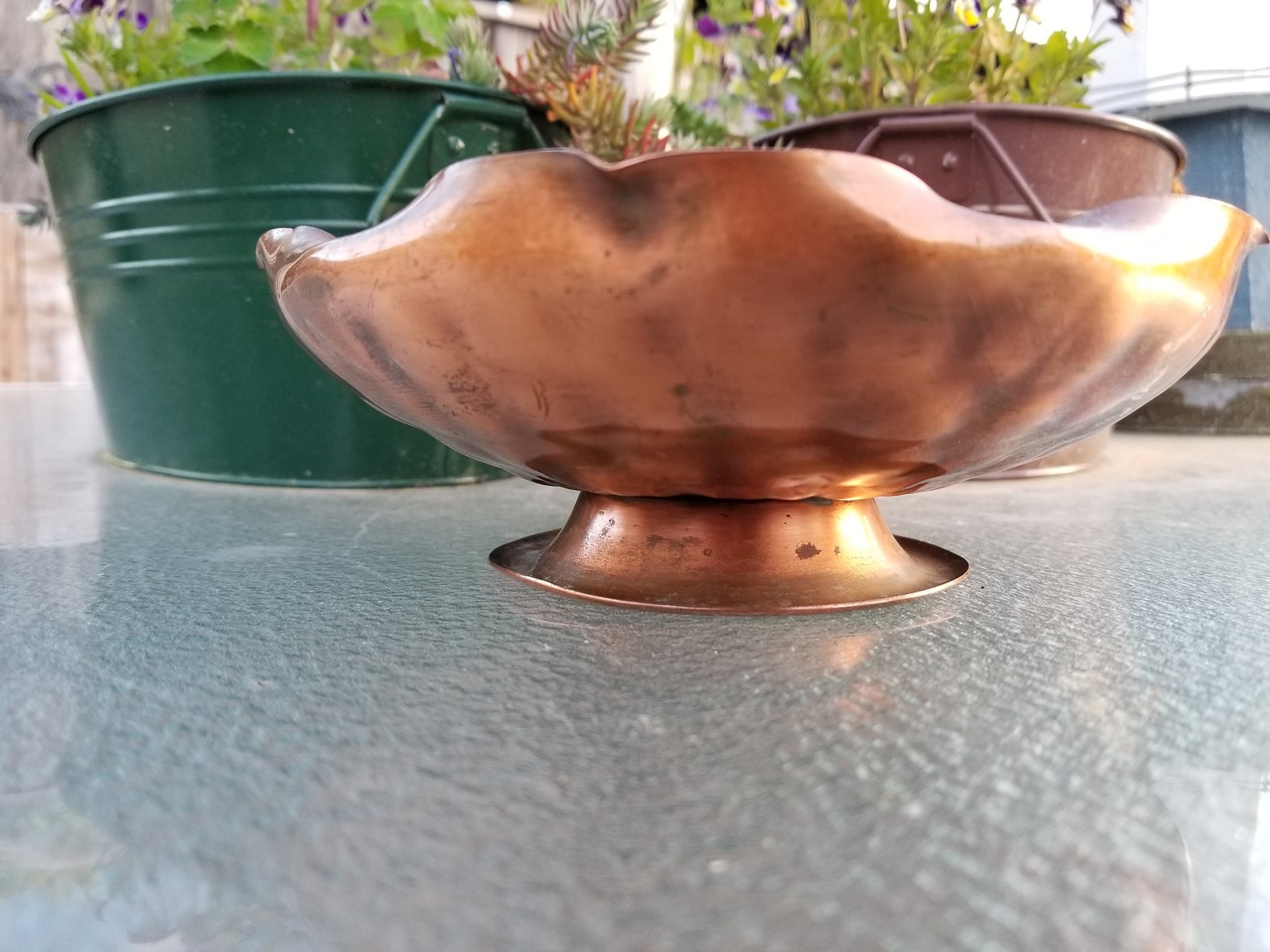 Vintage Gregorian copper hammered footed Bowl. This patinated Etsy